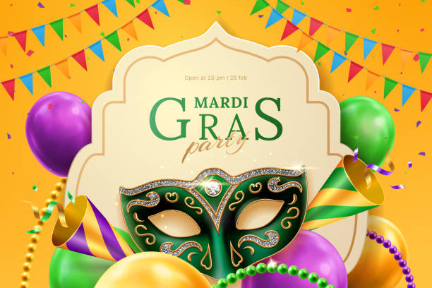 ilustraciones, imágenes clip art, dibujos animados e iconos de stock de máscara sombrero y masquerade fiesta en mardi gras banner - mardi gras new orleans mask bead