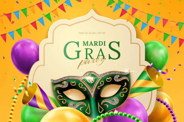 Party hat and masquerade mask at mardi gras banner Party hat and masquerade ball mask at mardi gras banner background. Venetian carnival or festival invitation flyer with balloons and flags, beads and confetti. Fat tuesday and venetian celebration pancake day stock illustrations