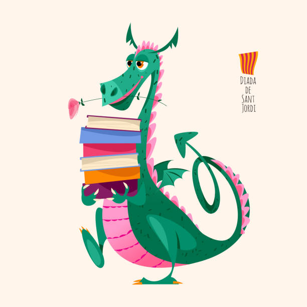 Dragon carries a large stack of books. Diada de Sant Jordi (the Saint George’s Day). Traditional festival in Catalonia, Spain. Dragon carries a large stack of books. Diada de Sant Jordi (the Saint George’s Day). Traditional festival in Catalonia, Spain. Vector illustration. rose cartoon stock illustrations
