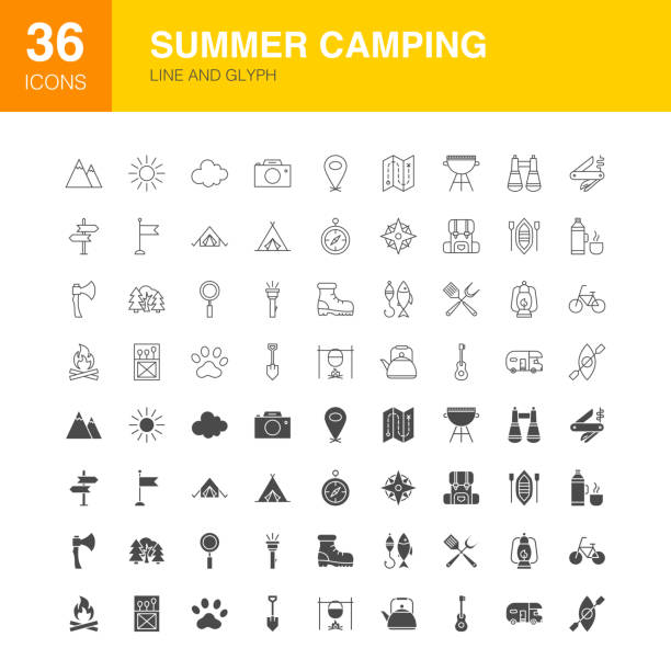 illustrazioni stock, clip art, cartoni animati e icone di tendenza di icone glifo web summer camping line - camping picnic mountain vector