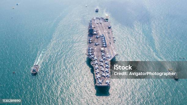 Navy Nuclear Aircraft Carrier Military Navy Ship Carrier Full Loading Fighter Jet Aircraft Aerial View Stock Photo - Download Image Now