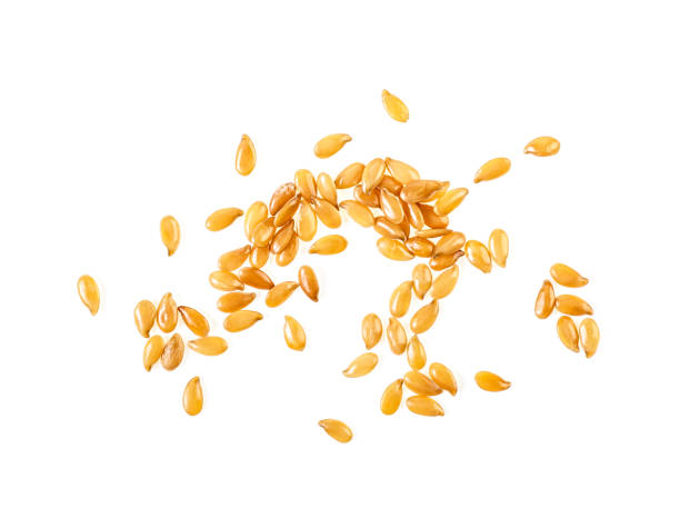 istock Yellow flax seeds on a white background. Top view. 1130290524