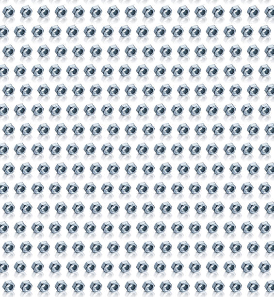 Pattern of many little shiny metal nuts with reflection, folded in a row on white background. From top view. Square image