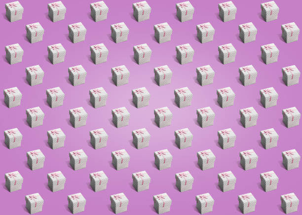 Pattern of gift paper boxes with gray dots wrapped with pink ribbon on gradient purple background. Rectangle image of similar items in a row from top view. Birthday, Christmas and sale concept.