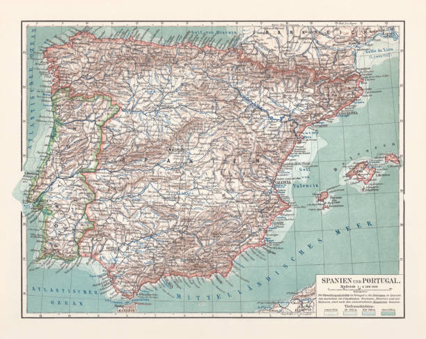 ilustrações de stock, clip art, desenhos animados e ícones de topographic map of spain and portugal, lithograph, published in 1897 - palma de maiorca