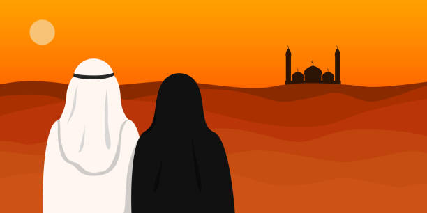 illustrazioni stock, clip art, cartoni animati e icone di tendenza di uomo arabo nel kandura e donna in hijab che guarda la moschea. illustrazione vettoriale - islam women men arabia