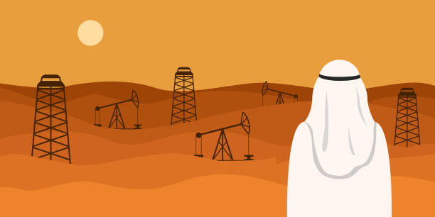 ilustrações de stock, clip art, desenhos animados e ícones de man in white kandura looking at oil field in desert. vector illustration - iran vector saudi arabia kuwait