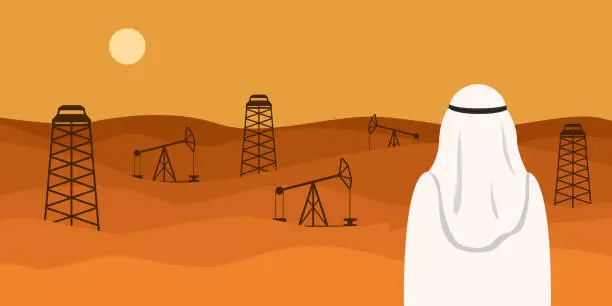 Vector illustration of Man in white kandura looking at oil field in desert. Vector illustration