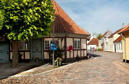 ODENSE, DENMARK - JUNE 17, 2018: Old town of Odense, Denmark. HC Andersen's hometown.