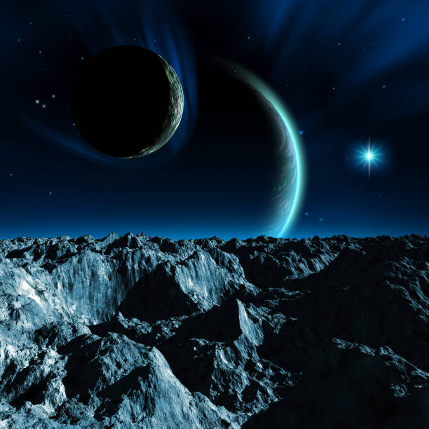 istock Alien Planetary system, a moon with rocks and mountains, two planets with atmosphere and a bright star, 3d illustration 1130293609