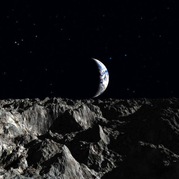 istock moon with rocks and mountains, in the background planet earth, 3d illustration 1130293611