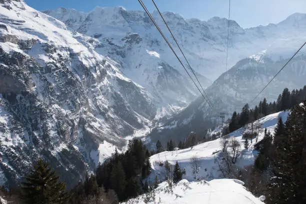 this is the beautiful view into the lauterbrunnen valley, and the section murren to the section gimmelwald of the aerial cableway in the switzerland.