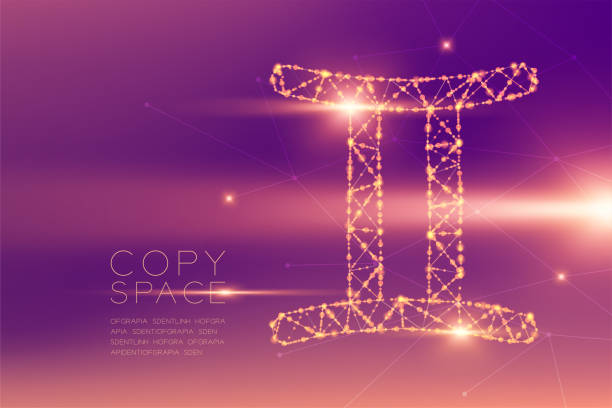 ilustrações de stock, clip art, desenhos animados e ícones de gemini zodiac sign wireframe polygon futuristic bokeh light frame structure and lens flare, fortune teller concept design illustration isolated on purple gradients background with copy space - pattern information medium technology backgrounds