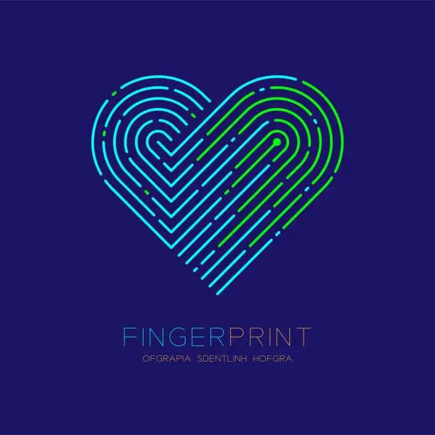Vector illustration of Heart pattern Fingerprint scan logo icon dash line, Love valentine concept, Editable stroke illustration green and blue isolated on dark blue background with Fingerprint text and space, vector eps10