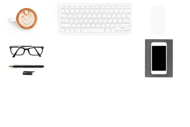 istock White office desk table with a lot of things on it. Top view with copy space, flat lay. 1130297355