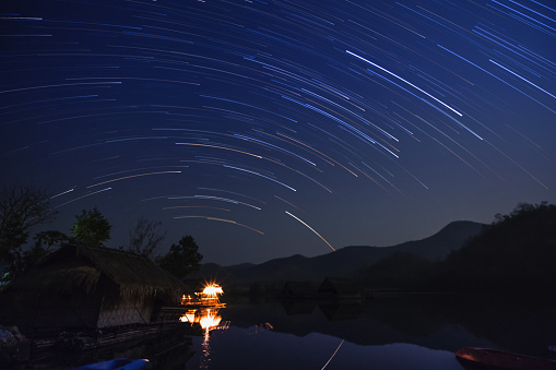 Star Trail in the mountains and lake