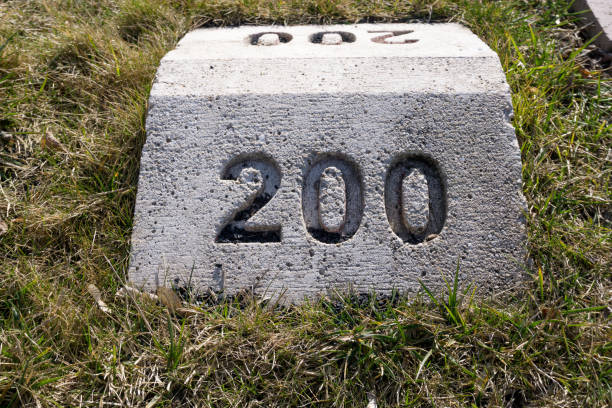 istock Running track close up two hundred (200) meter sign, number 200 milestone. 1130300135