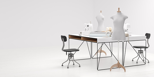 Bright atelier studio with various sewing items, fabrics and mannequins standing, 3d render