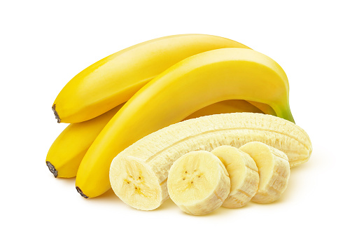 Banana. Bunch of cut peeled bananas isolated on white background with clipping path