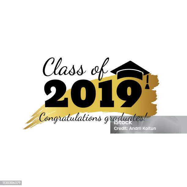 Class Of 2019 Hand Drawn Brush Gold Stripe And Number With Education Academic Cap Template For Graduation Party Design High School Or College Congratulation Graduate Yearbook Vector Illustration Stock Illustration - Download Image Now