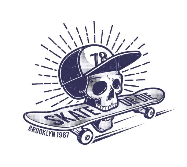 Skull in baseball cap keeps skateboard in his mouth Skull in baseball cap keeps skateboard in his mouth - urban retro skateboarding emblem tattoo. Worn grunge texture on a separate layer skateboard tattoo stock illustrations