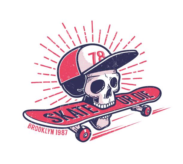 Cool youth skateboarding authentic retro street emblem Cool youth skateboarding authentic retro street emblem with skull in baseball cap and skateboard. Grunge worn texture on separate layer. skateboard tattoo stock illustrations