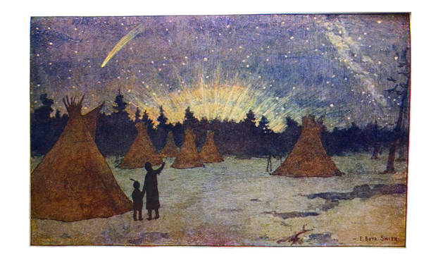 Native American Indian illustrations - Teepees under Northern Lights - Wigwams - illustration From The Hiawatha Primer - 1898 aboriginal art stock illustrations