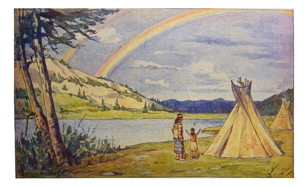 illustrazioni stock, clip art, cartoni animati e icone di tendenza di illustrazioni indiane native americane - madre e bambino da teepee guardando arcobaleno - illustrazione - wigwam tent north american tribal culture indigenous culture