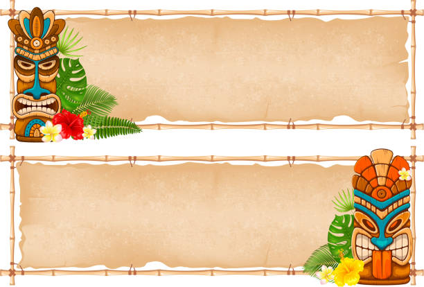 Summer tropical frame design Summer tropical bamboo frame design with Tiki mask, exotic leaves and flowers. Vector illustration. Isolated on white background. tiki stock illustrations