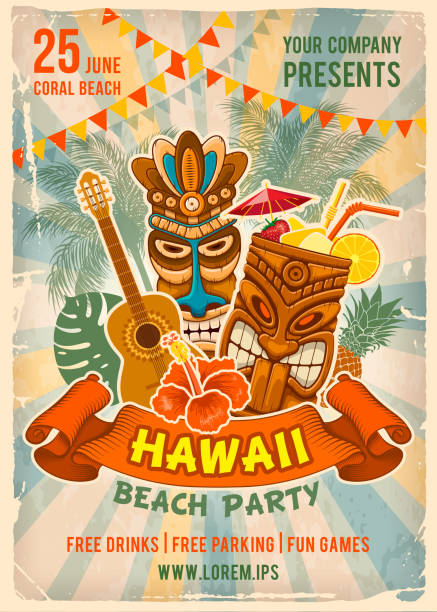 Hawaiian Beach Party Poster Template Vintage poster template for party in Hawaiian style. Tiki mask, exotic cocktail and other traditional elements. Place for your text. Vector illustration. beach bar stock illustrations