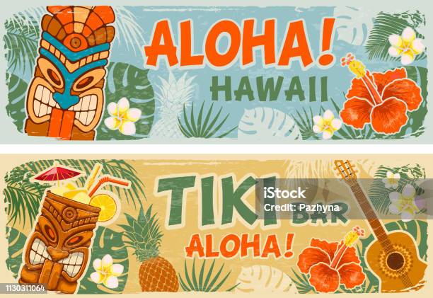 夏威夷風格的水準橫幅向量圖形及更多夏威夷群島圖片 - 夏威夷群島, 提基雕刻, 夏威夷文化
