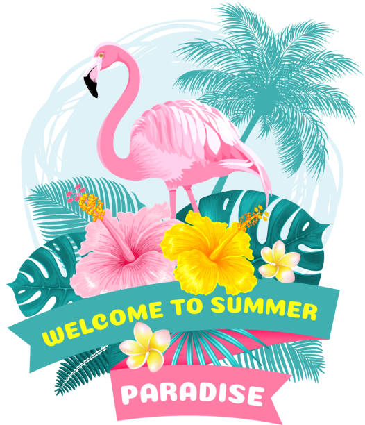 ilustraciones, imágenes clip art, dibujos animados e iconos de stock de etiqueta ¡bienvenido verano tropical - backgrounds flower head blossom vibrant color