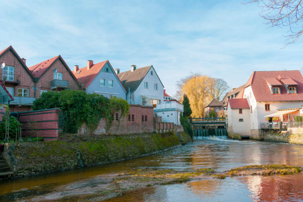beautiful living at the moat of the watermill in Gemen. Location: Germany, North Rhine-Westphalia, Gemen kanal stock pictures, royalty-free photos & images
