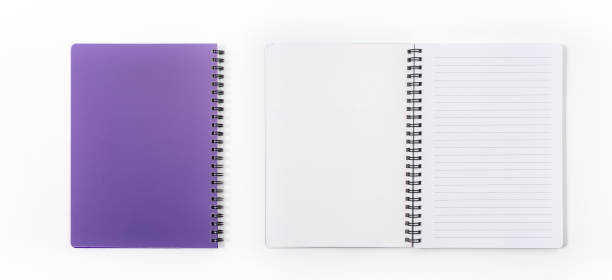 Business concept - Top view collection of spiral kraft notebook front, purple And white open page isolated on background for mockup Business concept - Top view collection of spiral kraft notebook front, purple And white open page isolated on background for mockup peoples alliance for democracy stock pictures, royalty-free photos & images