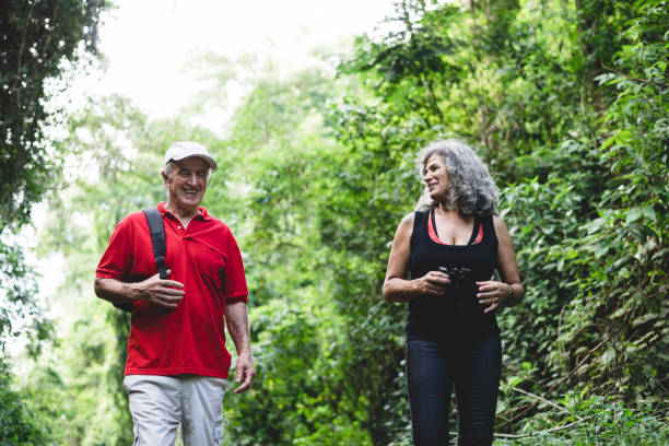 istock Senior friends walking in the forest 1130312411