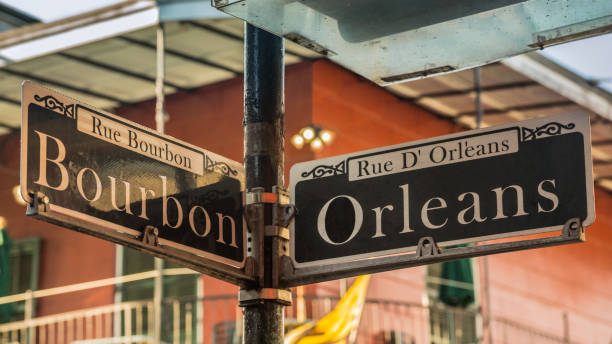 Bourbon and Orleans street signs in New Orleans, USA Street, Bourbon Street - New Orleans, New Orleans, Alcohol, French Quarter new orleans photos stock pictures, royalty-free photos & images
