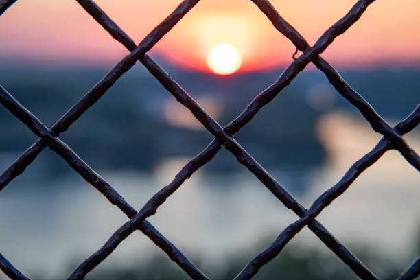 istock The sunset through a lattice fence 1130313983