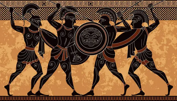 Vector illustration of Ancient greece warrior.Black figure pottery.Ancient greek scene banner.Hero,spartan,myth.Ancient civilization culture.