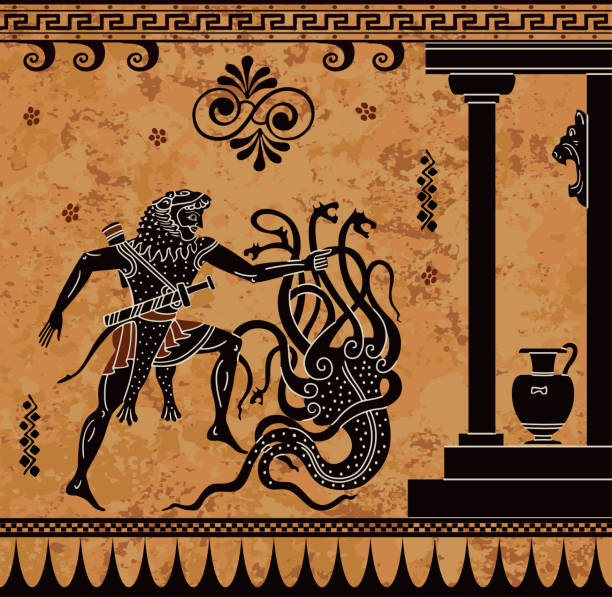 istock Ancient myth sceen,Black figure pottery,Hercules heroic deed,Ancient warrior and monster, 1130314930