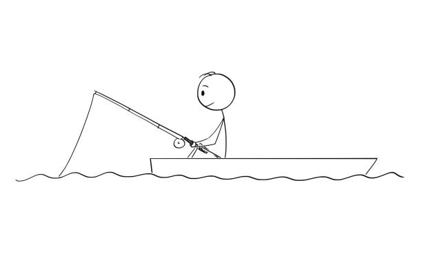 ilustrações de stock, clip art, desenhos animados e ícones de cartoon of fisherman fishing on dory or boat - fishing nautical vessel small men