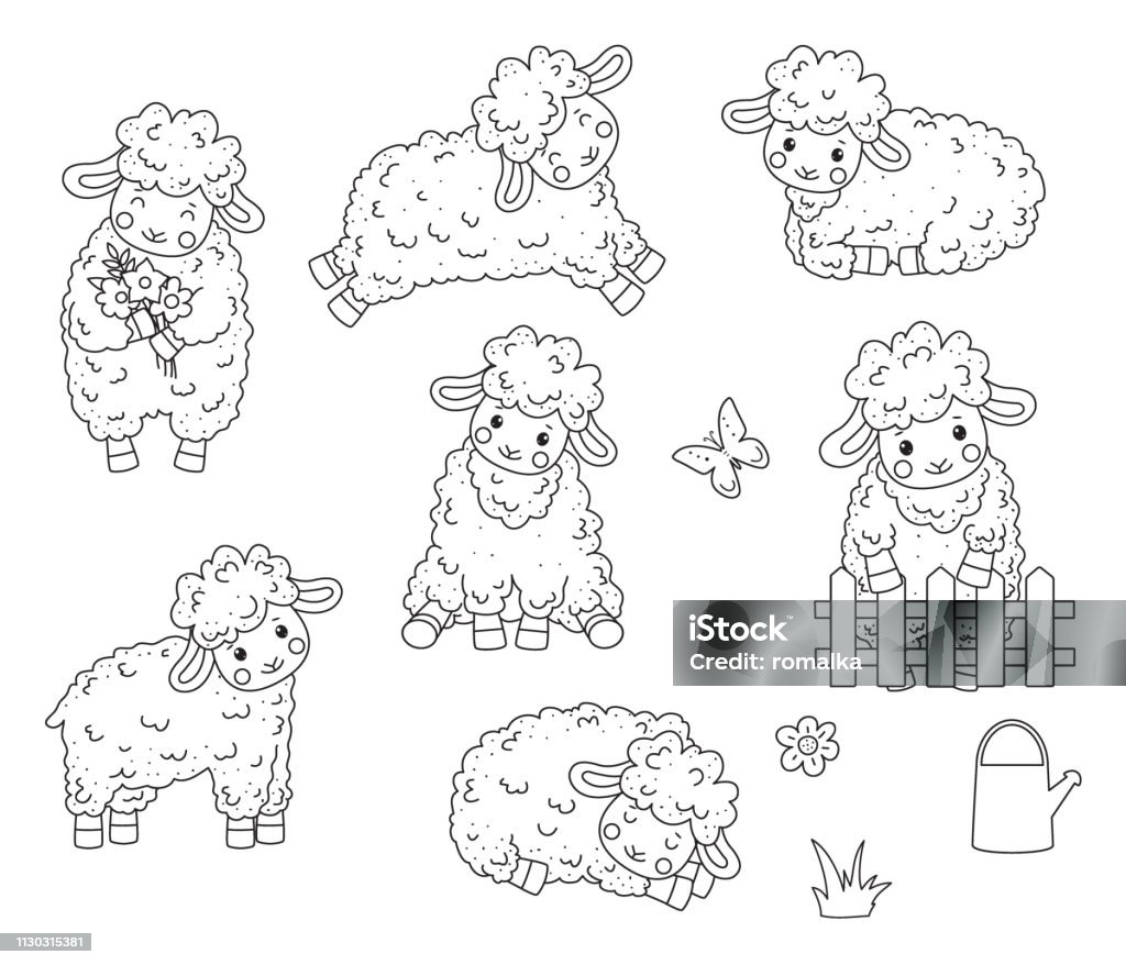 Cute outline doodle sheep jumps. Hand drawn elements Set of cute outline doodle sheeps. Vector illustration Coloring stock vector