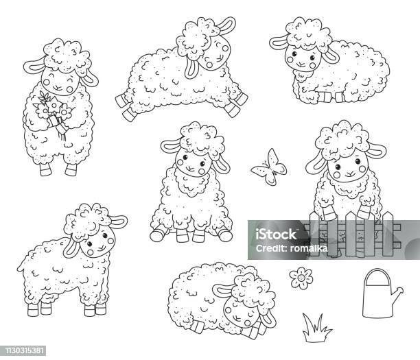 Cute Outline Doodle Sheep Jumps Hand Drawn Elements Stock Illustration - Download Image Now