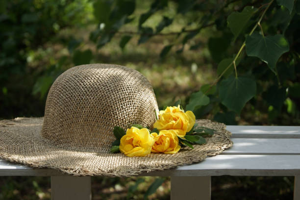 set of four yellow beach hat with boxes isolated on white background.yellow hat .