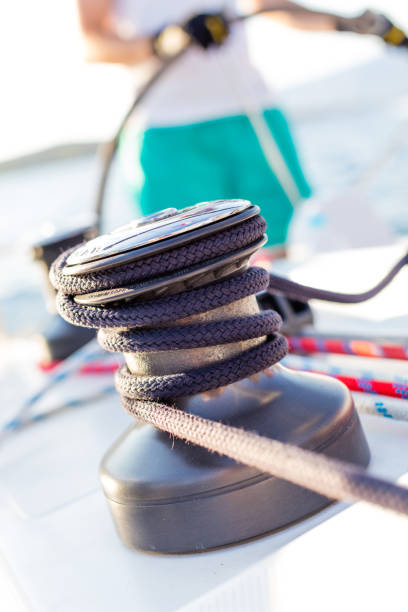 istock Sailboat winch with rope on yacht deck 1130317269