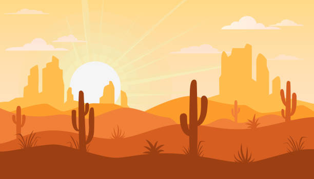 ilustraciones, imágenes clip art, dibujos animados e iconos de stock de paisaje con desierto y cactus - cactus