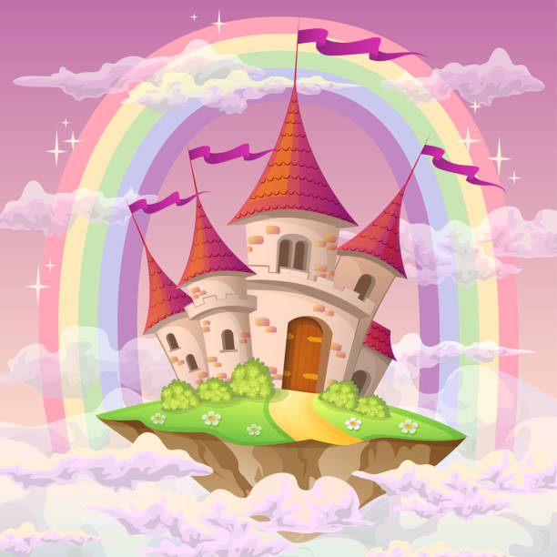 illustrazioni stock, clip art, cartoni animati e icone di tendenza di fantasia isola volante con castello di fiabe e arcobaleno tra le nuvole - rainbow flower meadow nature