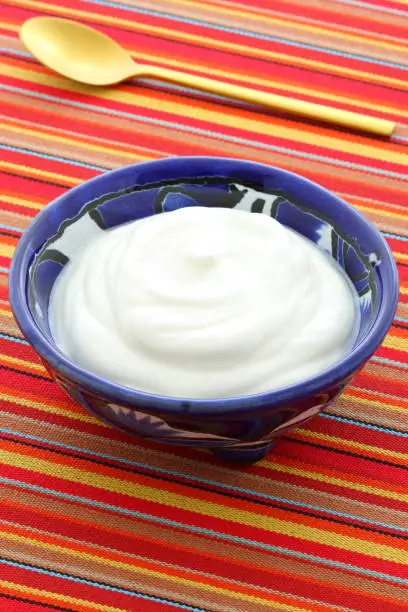 Delicious sour cream a traditional ingredient in France, Russia, Eastern European, German cooking and mexican cuisine. On terracotta or talavera artisan bowl
