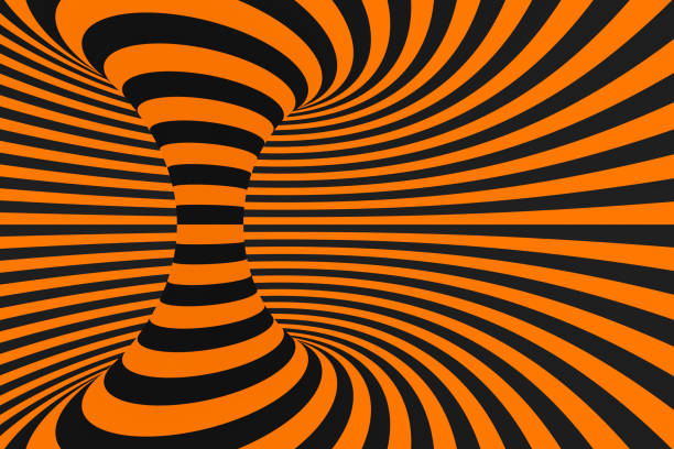 Tunnel optical 3D illusion raster illustration. Contrast lines background. Hypnotic stripes ornament. Black and orange geometric pattern. Endless, infinity effect tube image. Psychedelic, abstract art