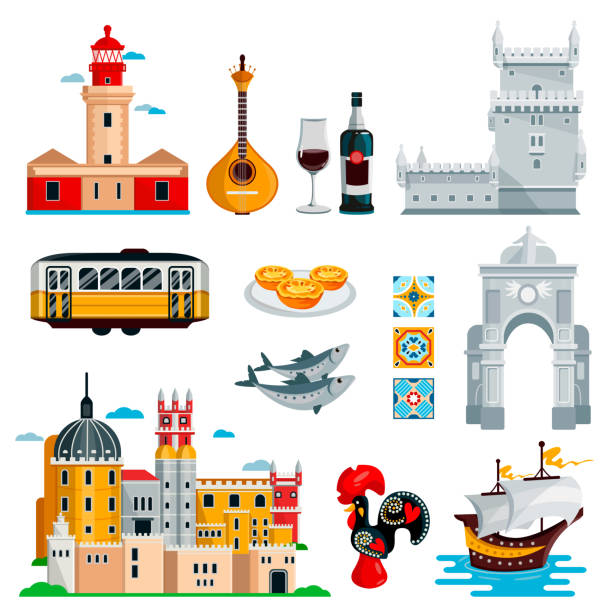 ilustrações de stock, clip art, desenhos animados e ícones de travel to portugal icons and isolated design elements set. vector portuguese and lisbon culture symbols, food, landmarks - fado