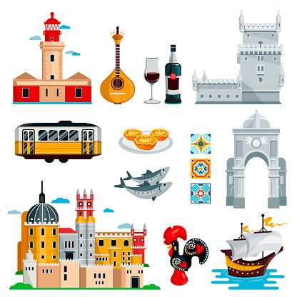 Travel to Portugal icons and isolated design elements set. Vector Portuguese and Lisbon culture symbols, food and landmarks.
